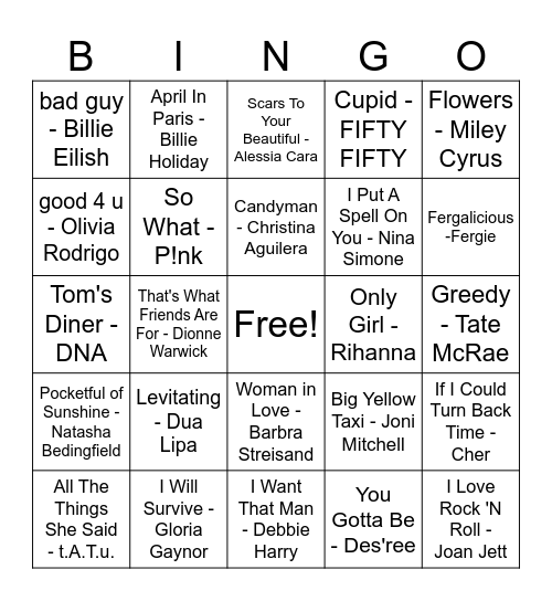 💅 Women Artist Hits 🚺 Bingo Card