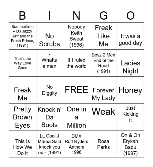 Hip Hop & R&B Bingo Card