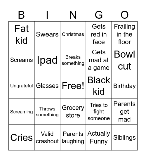 Spoiled kid bingo Card