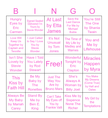 Love Song Bingo Card