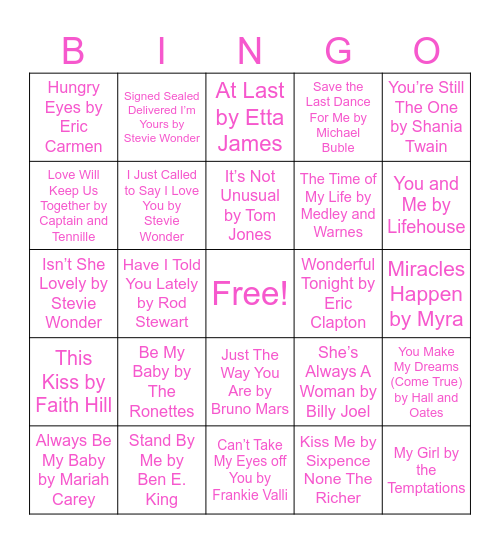 Love Song Bingo Card