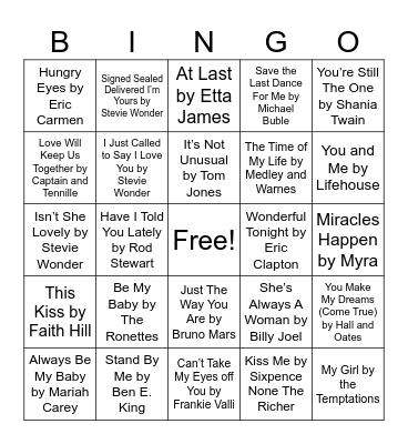 Love Song Bingo Card