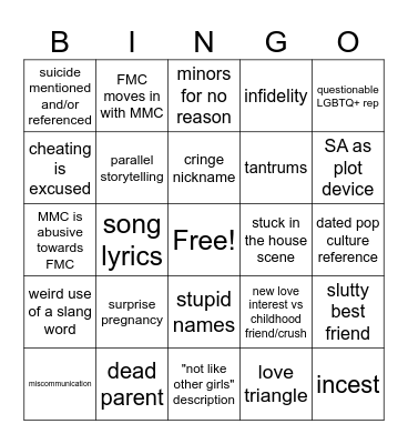 Colleen Hoover Books (Derogatory) Bingo Card