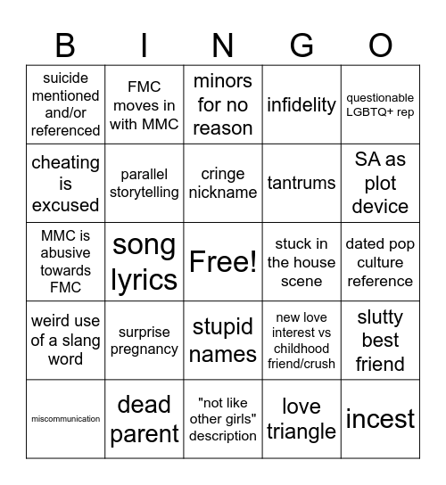 Colleen Hoover Books (Derogatory) Bingo Card