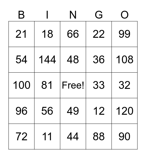 Multiplication Answer Match Bingo Card