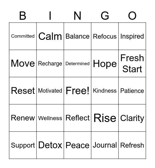 Reset, Refocus & Return Stronger Bingo Card