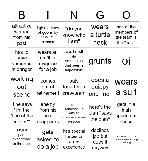 Jason Statham bingo Card