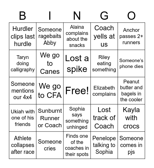 Track Meet Edition Bingo Card
