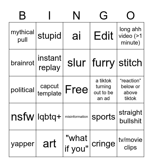 Random TikTok FYP Bingo Card