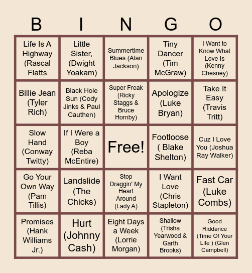 COUNTRY COVERS Bingo Card