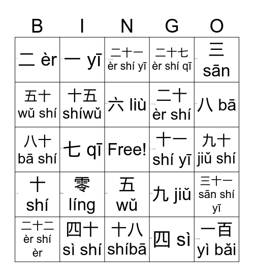 Chinese Numbers Bingo Card