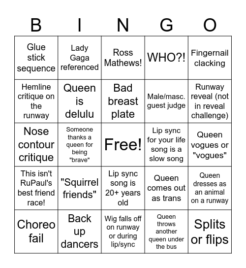 RuPaul's Drag Race Bingo Card