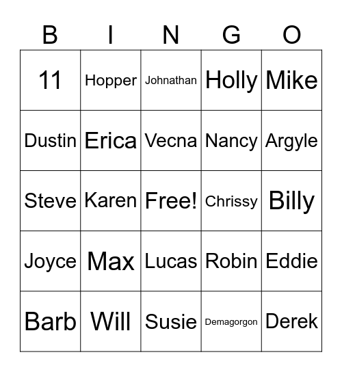 Stranger Things Bingo Card