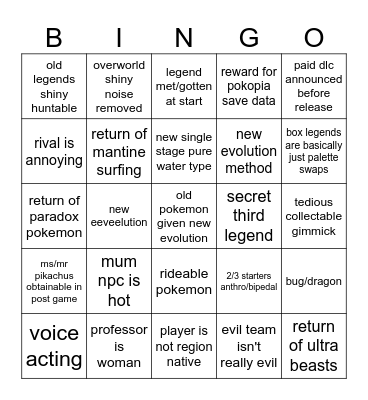 Gen 10 Bingo Card