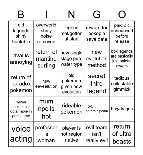 Gen 10 Bingo Card