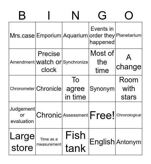 English bingo Card