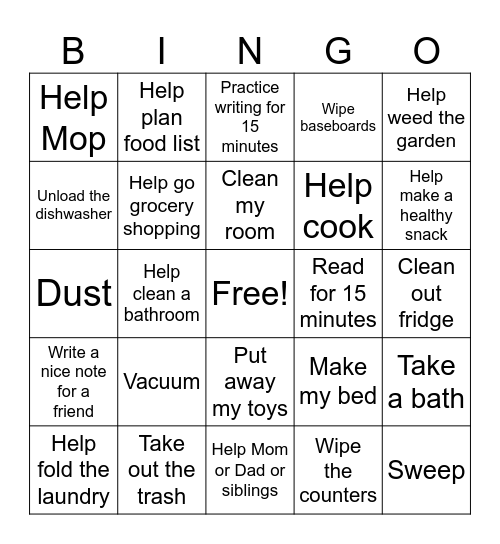 Chores Bingo Card