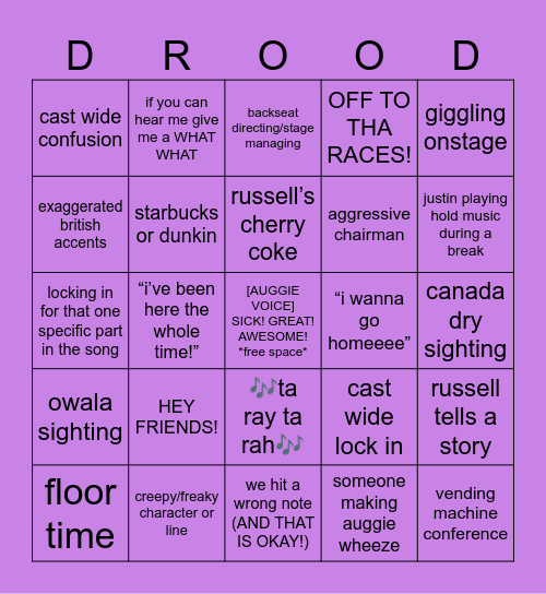 EDWIN DROOD REHEARSAL BINGO Card