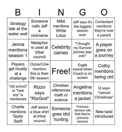 SURVIVOR 50 Bingo Card