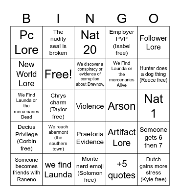 ~Chapter The First: Session The Sixth ~ Deepwinter 15th, III, 1549 3rd era Bingo Card