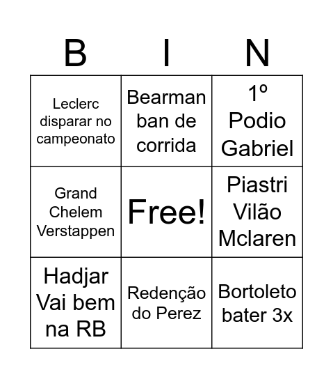 Bingo F1 Bingo Card