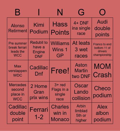 F1 Bingo Card