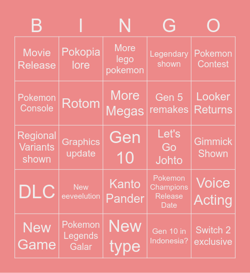 Pokemon Presents Bingo Card