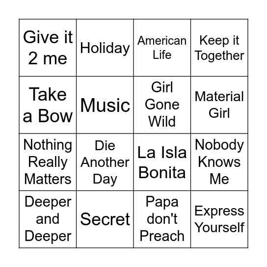 Madonna's Bingo Card