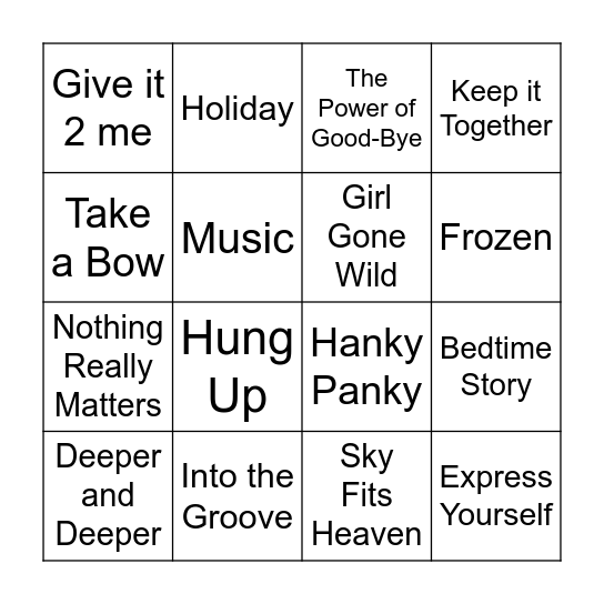 Madonna's Bingo Card