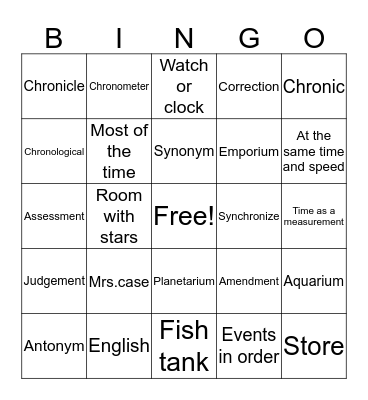 Vocabulary words Bingo Card