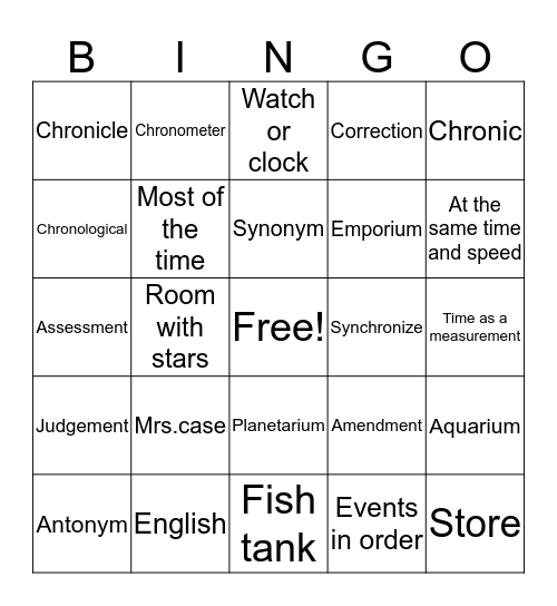 Vocabulary words Bingo Card