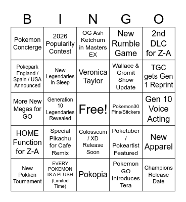 Pokemon Presents 30 Predictions Bingo Card