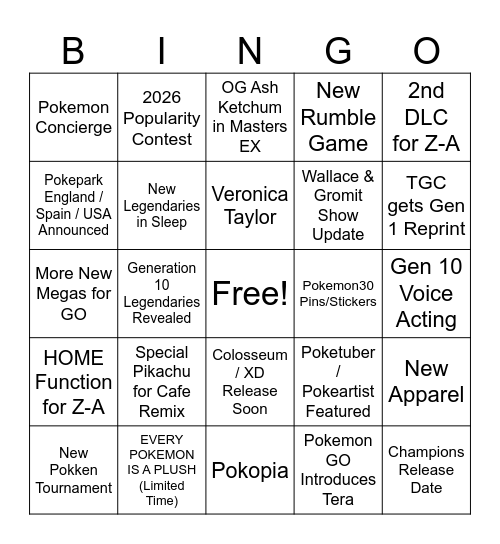 Pokemon Presents 30 Predictions Bingo Card