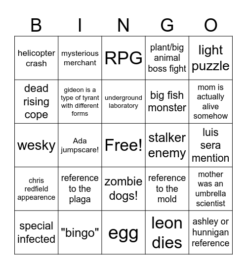RE9 Bingo Card