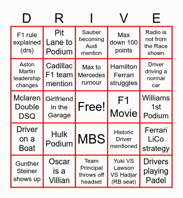 Drive to Survive - S8 Bingo Card