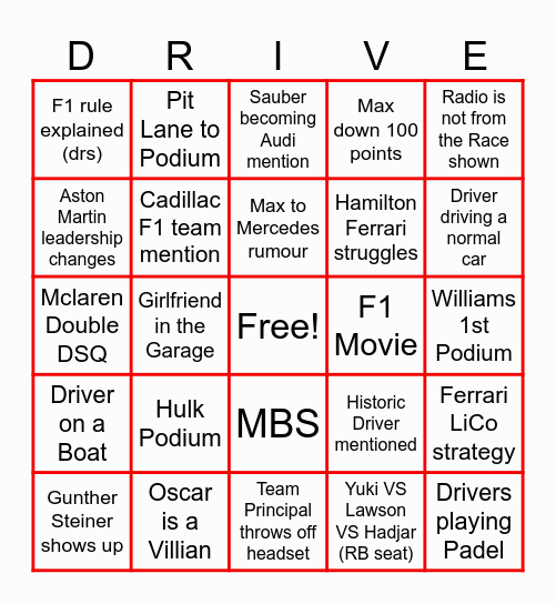 Drive to Survive - S8 Bingo Card