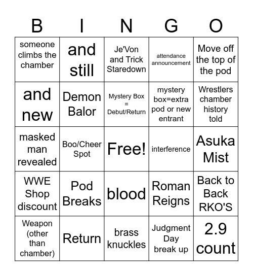 WWE ELIMINATION CHAMBER 2026 Bingo Card