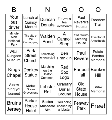 Boston Area Selfie Bingo Card
