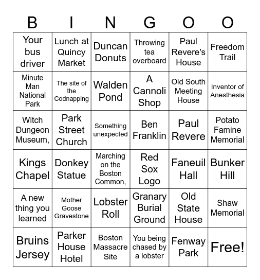 Boston Area Selfie Bingo Card