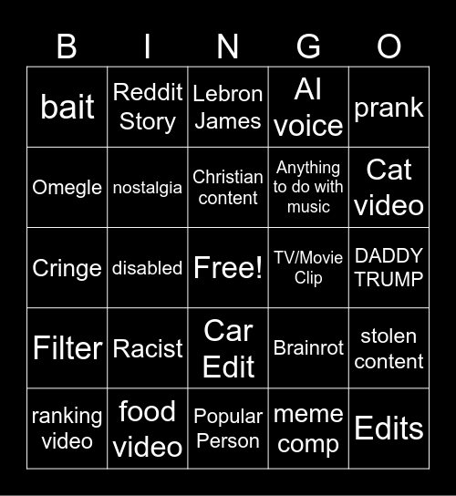 Short form content bingo Card