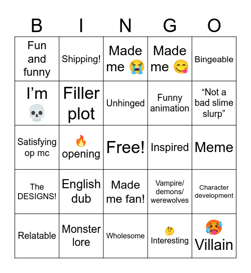 Enjoyable anime? Bingo Card