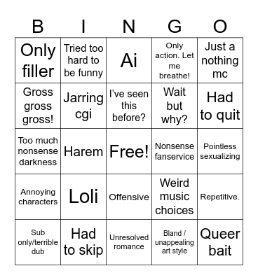 Unlikable anime? Bingo Card