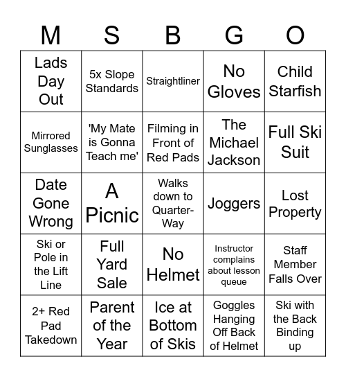 Main Slope Bingo Card