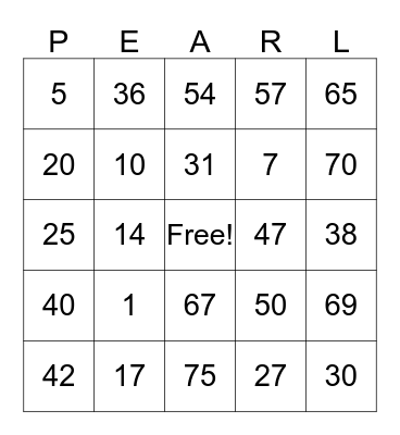 KELLEY'S  PEARLS  CARD   Bingo Card