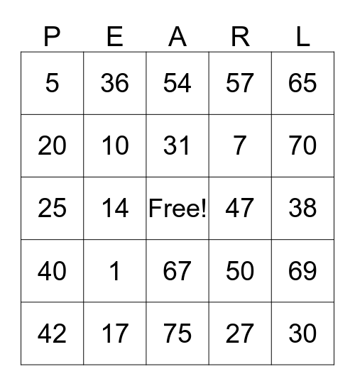 KELLEY'S  PEARLS  CARD   Bingo Card