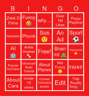 YouTube Shorts Bingo Card