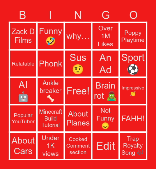 YouTube Shorts Bingo Card
