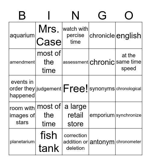 English Bingo Card