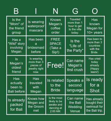 Find The Bridesmaid Bingo Card