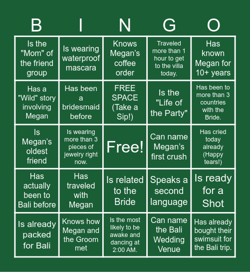 Find The Bridesmaid Bingo Card